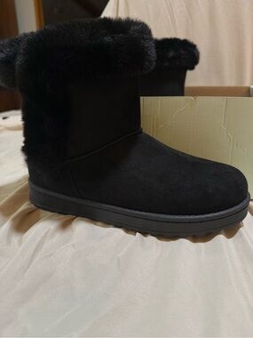 SO Black Faux Fur Cuff Winter Slippers